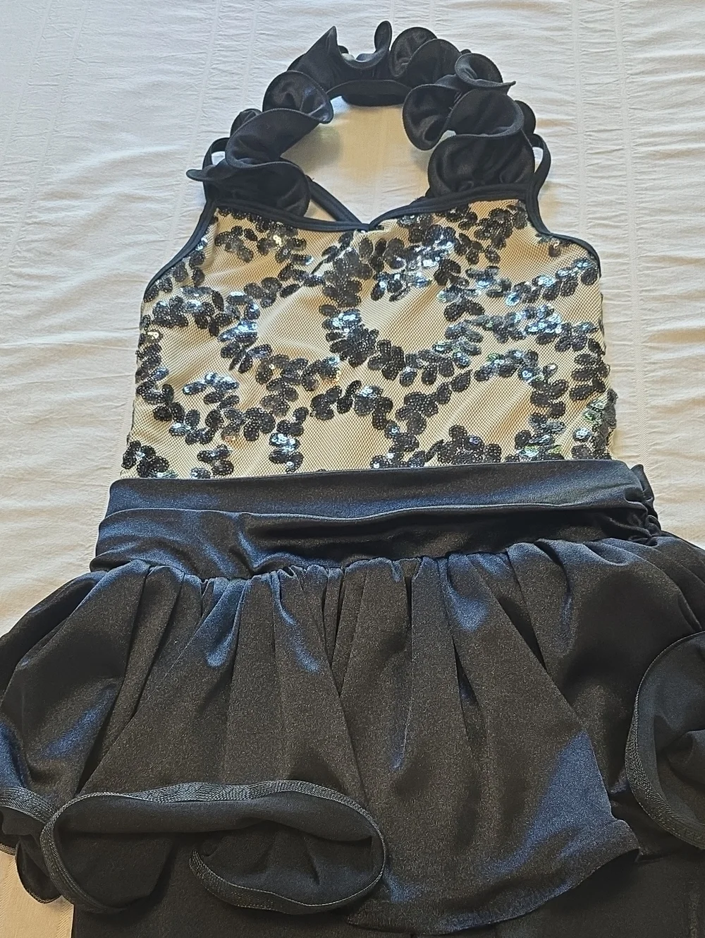 Curtain Call Tan and Black Sequin Catsuit with Peplum - Child Large